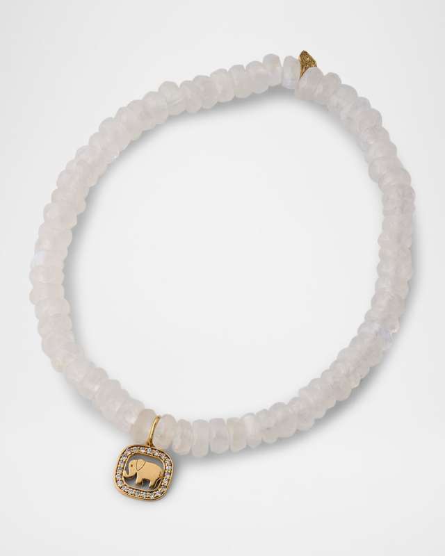 Moonstone Bead Bracelet with Diamond Elephant Open Icon Charm